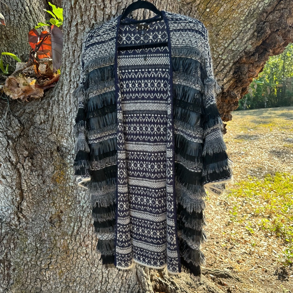 NWOT Lord & Taylor-Alpaca Mohair + wool blue and gray longline fringe Cardigan.L